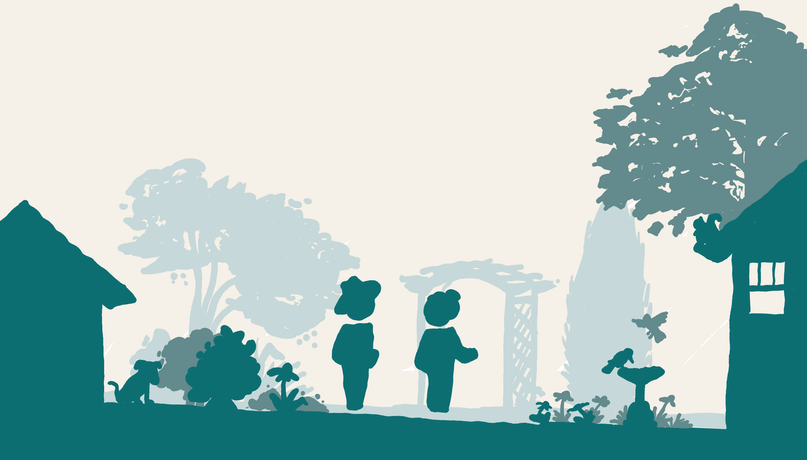Illustration of two people walking through a cultivated commons — gardens, trees, a dog, and homes connected by green corridors
